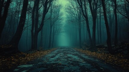 Fototapeta premium Enigmatic Forest Path: A Mystical Journey Through a Fog-Shrouded Woodland