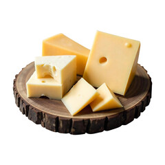 A variety of cheese dices and slices arranged neatly on a dark wooden plate, with a light shadow cast on transparent background..