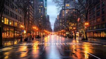 Naklejka premium Rainy Night in Manhattan: A Serene Cityscape