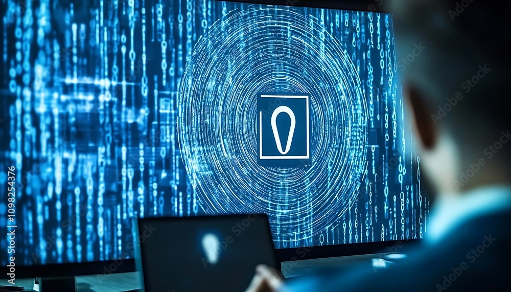 Poster a person views a digital interface displaying data patterns and a central logo.