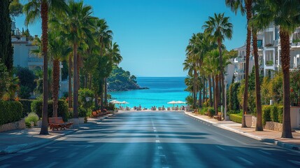 Fototapeta premium Palm-Lined Road to a Turquoise Beach Paradise
