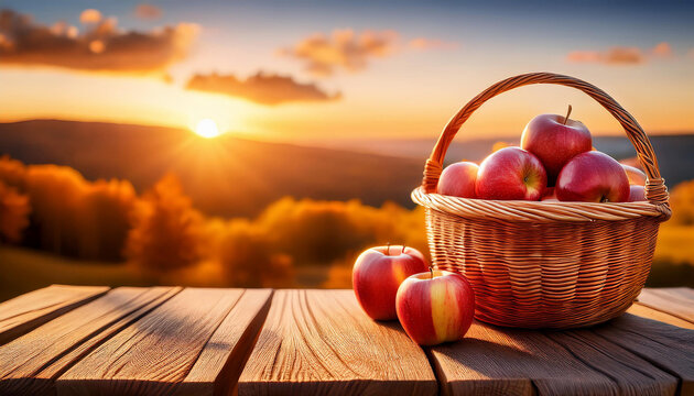 Apples In Wooden Basket On Table At Sunset - Autumn And Harves