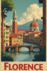 Art Deco Travel Poster of Florence Featuring Duomo, Ponte Vecchio, and Renaissance Charm – Stock Images for Italian Tourism and History