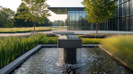 Serene Modern Landscape Design: Corporate Fountain and Greenery