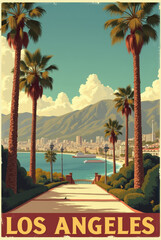 Vintage Art Deco Travel Poster of Los Angeles - Palm Trees, Hollywood Hills, and Iconic California Coastline