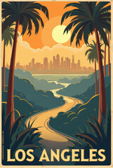 Vintage Art Deco Travel Poster of Los Angeles - Palm Trees, Hollywood Hills, and Iconic California Coastline
