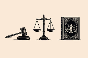 Judge's gave, book l and scales of justice. set. Vintage black vector engraving illustration, emblem, sketch, print. Cut out, isolated.