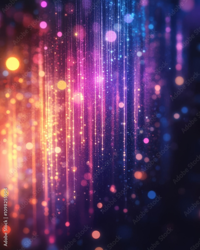 Poster a vibrant abstract background featuring colorful bokeh lights and shimmering lines, creating a mesme