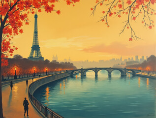 Stunning Art Deco Travel Poster of Paris Featuring the Eiffel Tower, Seine River, and Iconic French Landmarks for Romance and Vintage Charm