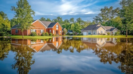 Obraz premium Flooded Houses Reflected in Still Waters: A Serene Yet Concerning Scene
