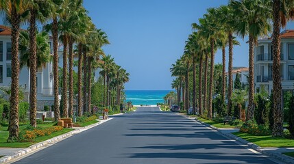 Obraz premium Palm-lined Avenue to the Turquoise Sea: A Luxurious Coastal Escape