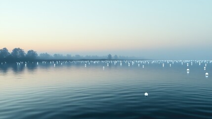 Fototapeta premium Foggy lake in the early morning with floating data points tracing out the horizon line