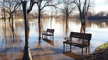 Fototapeta premium Flooded Park: Submerged Benches and Trees