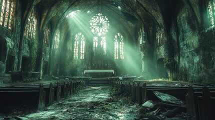 Naklejka premium Sunbeams Illuminating an Abandoned Church