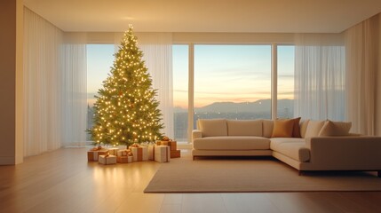 Fototapeta premium Christmas Evening in Modern Apartment with City View