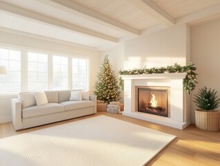 Fototapeta premium Cozy Christmas Living Room with Fireplace and Decorated Tree.