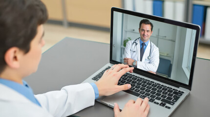 Fototapeta premium Telehealth Consultation with Doctor on Mobile and Laptop Devices - Virtual Healthcare Stock Image for Medical Marketing