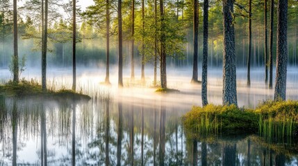 Obraz premium Misty Sunrise in a Pine Forest Lake: A Serene Nature Escape