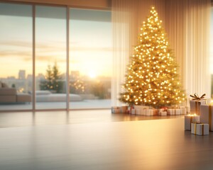 Christmas Gifts and Decor in Modern Living Room with Sunset View