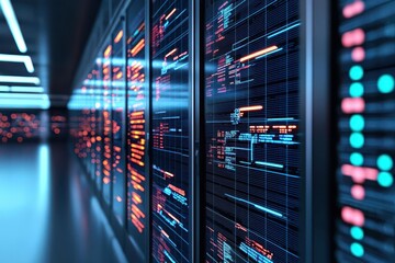 A futuristic data center filled with illuminated server racks displaying vibrant digital information and streaming data.