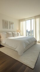 Fototapeta premium A serene and modern bedroom featuring a large bed, soft lighting, and large windows.