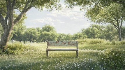 Fototapeta premium Serene Spring Meadow with Rustic Bench