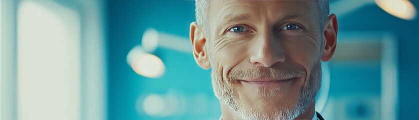 Professional smiling man in modern office setting showcasing confidence workplace indoor close-up view positive vibes