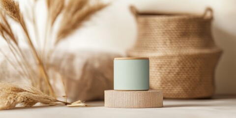 Naklejka premium Mockup visual concept. A serene composition featuring a light green candle on a wooden stand, surrounded by decorative dried grass and a woven basket, creating a cozy aesthetic.
