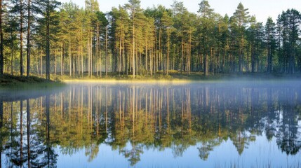 Fototapeta premium Serene Forest Lake Reflection: A Tranquil Morning in Nature