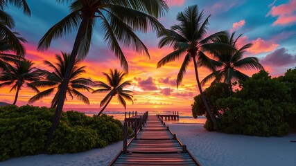 Fototapeta premium A wooden walkway leads through a tropical paradise with palm trees and a vibrant sunset over the ocean.