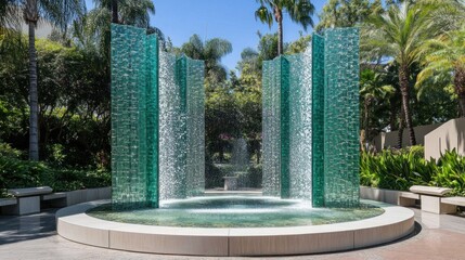 Fototapeta premium Serene Glass Waterfall Sculpture in Lush Garden