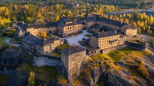 Aerial View of the Majestic  Fredriksten Fortress in Halden, Norway, a Stunning Autumnal Scene