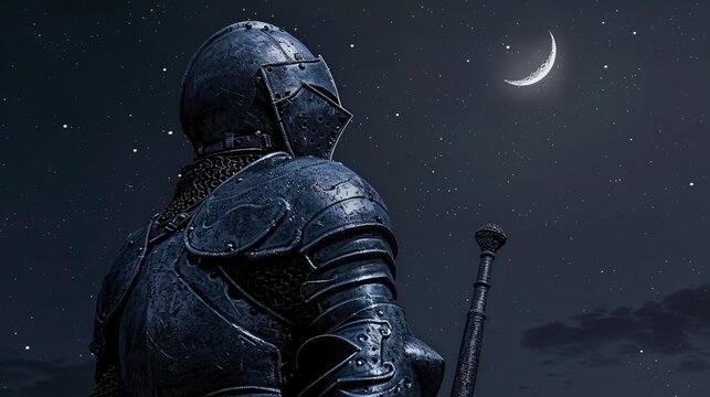 Mysterious medieval knight in dark imposing armor stands resolute and vigilant under the starry night sky exuding an air of grim determination and chivalrous valor