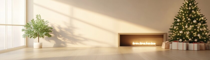 Modern Minimalist Christmas Living Room Interior with Fireplace and Decorated Christmas Tree.