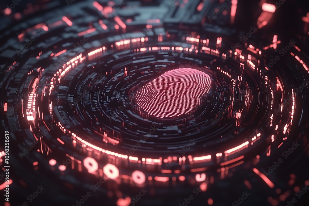 Poster abstract digital representation with a central fingerprint design and glowing circuit patterns.