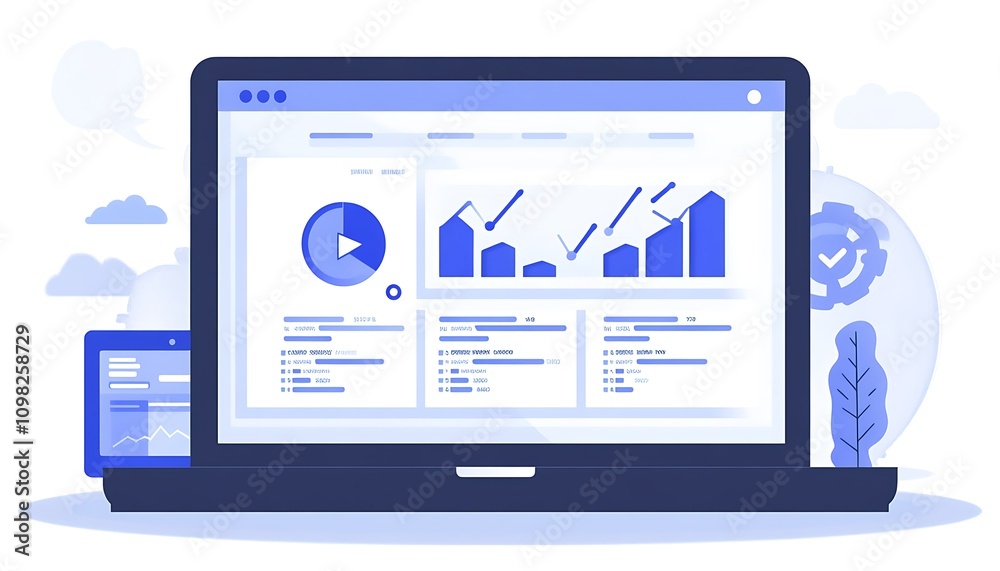Poster a laptop displaying analytics and graphs, symbolizing data analysis and business insights.