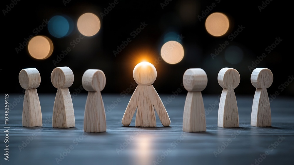 Poster Glowing wooden figures arranged in symmetrical rows on skyscrapers symbolizing the foundation of teamwork diversity and unity as the key to achieving workplace success and organizational goals