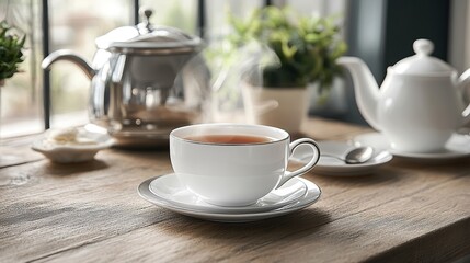 Fototapeta premium Steaming cup of tea on wooden table near window.