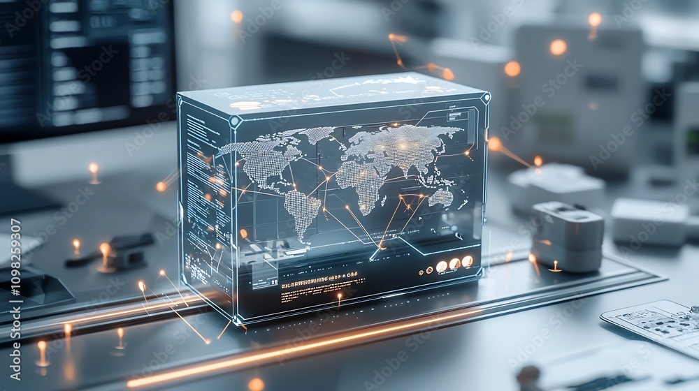 Poster Glowing shipping box with a world map design resting on a rail illuminated by pin shaped nodes forming a futuristic global network representing the modern technology