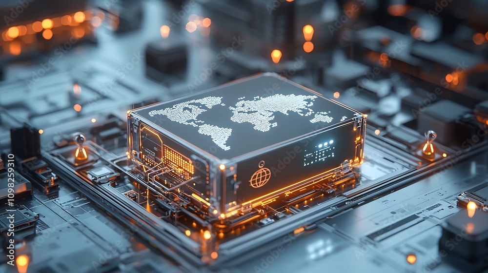Poster Futuristic glowing shipping box with a vibrant world map design resting on an illuminated rail network formed by pin shaped nodes