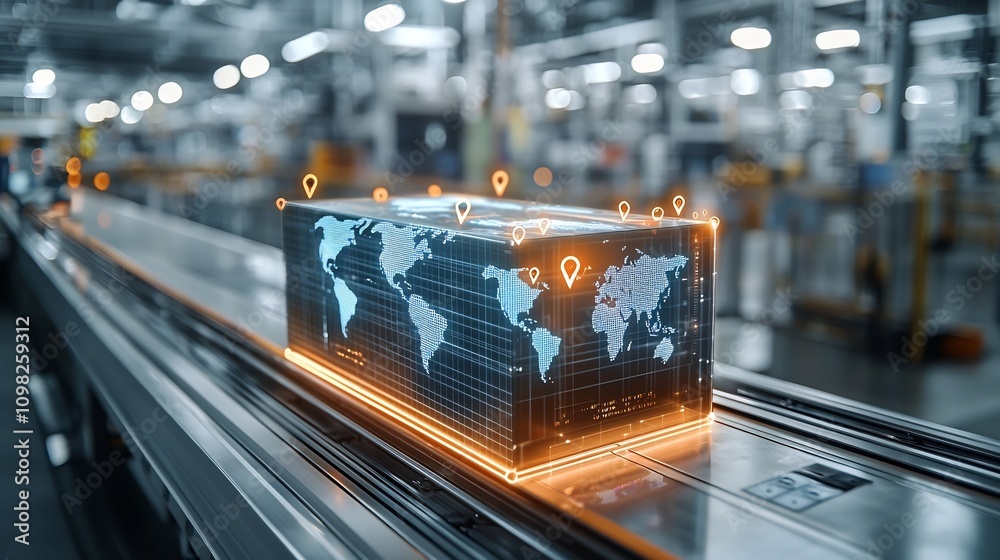 Poster Illuminated shipping container with a world map design resting on a rail surrounded by pin shaped nodes forming a futuristic global network