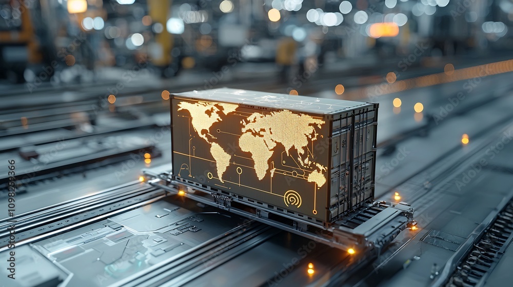 Poster A futuristic shipping box with an illuminated world map design sitting on a rail system surrounded by glowing network nodes
