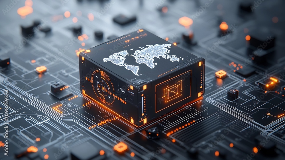 Poster Futuristic illuminated shipping box with a world map design sitting on a high tech rail system surrounded by glowing network nodes representing the future of global logistics and transportation