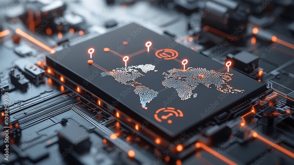 Poster Luminous world map design featured on a shipping box connected by a high tech rail with glowing pin nodes representing the digital network and global logistics technology