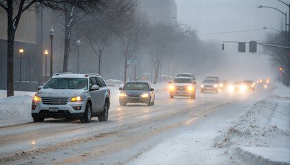 cars driving on snowy road in winter cityscape, traffic in the city