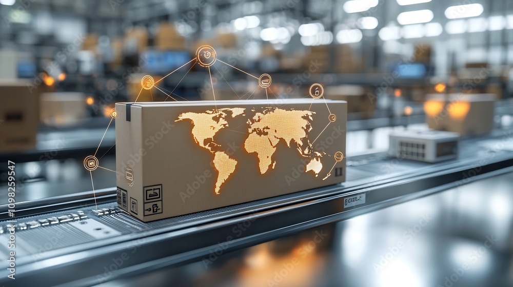 Poster cutting edge shipping box with radiant global network connectivity a futuristic representation of hi