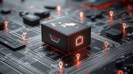 Glowing World Map Shipping Box Atop a Rail Network Surrounded by Bright Pin Shaped Nodes Symbolizing International Logistics and Global Connectivity