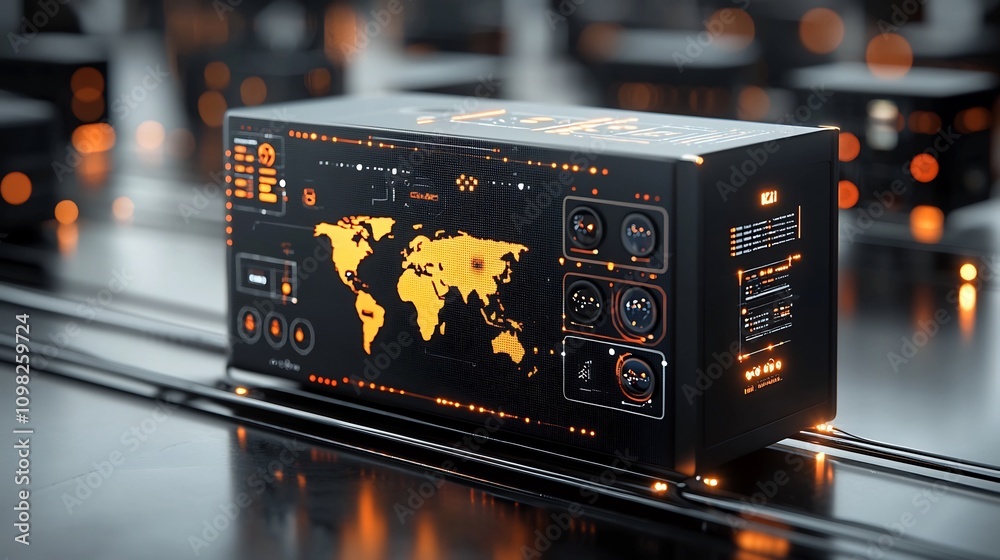 Poster Futuristic shipping box featuring a glowing world map design placed on a sleek rail system illuminated by interconnected pin nodes representing the of technology and global logistics