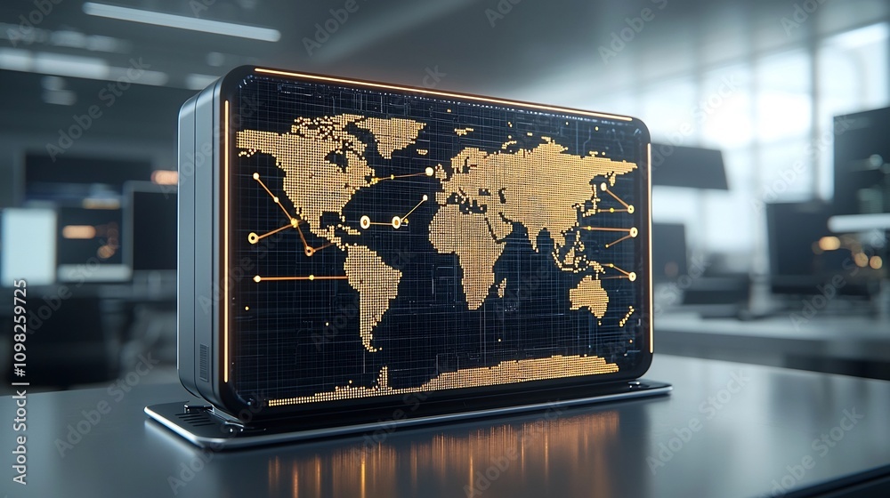 Poster Futuristic shipping box featuring a glowing world map design placed on a sleek rail illuminated by interconnected pin nodes