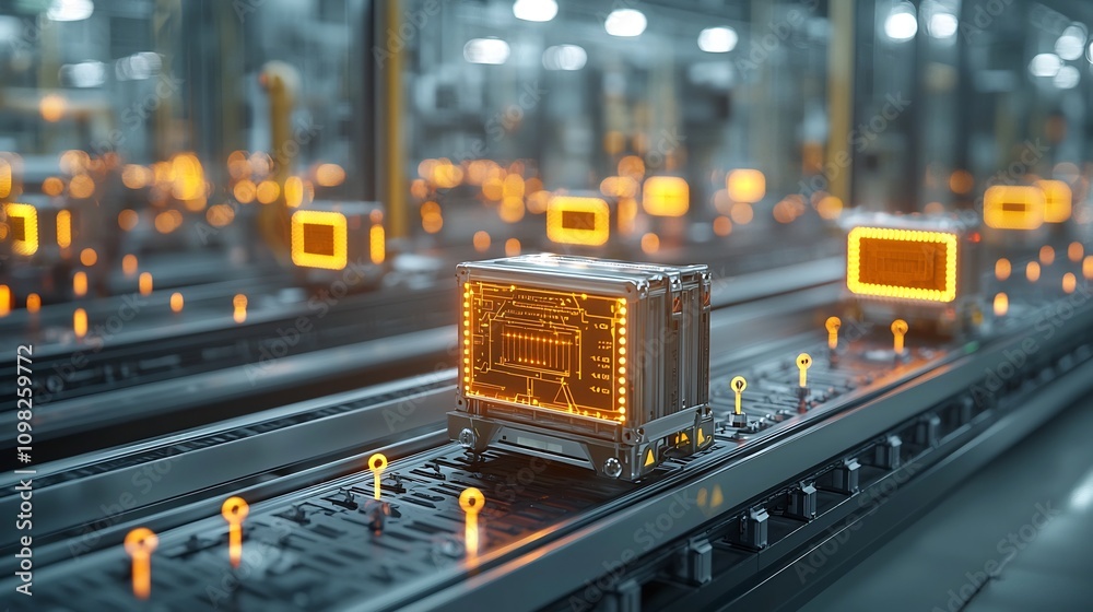 Poster Brightly glowing shipping box resting on a digitized rail network with radiant pin nodes forming a dynamic grid